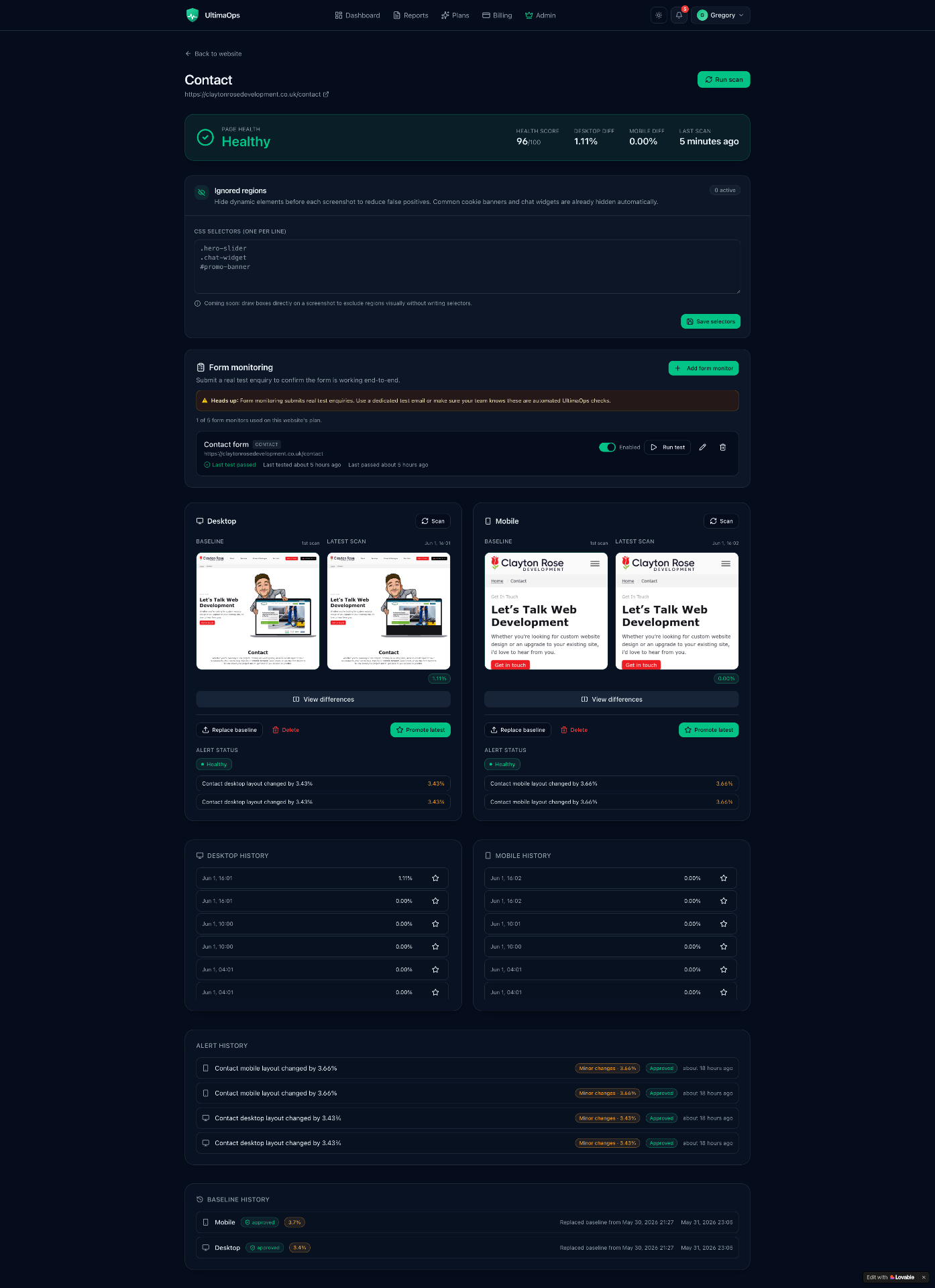 Ultima page detail with desktop and mobile baselines, alert history, and baseline history.