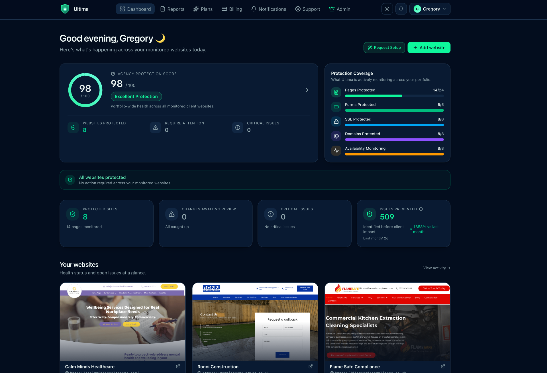 Ultima overview dashboard with monitoring health, activity chart, and recent changes.